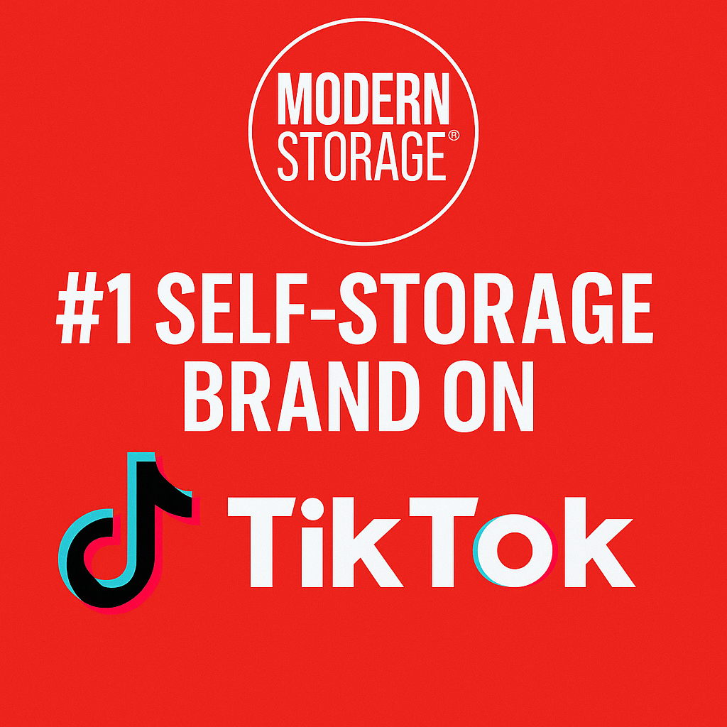 Bold red graphic featuring the Modern Storage® logo above the text “#1 Self-Storage Brand on TikTok,” with the TikTok logo displayed below.